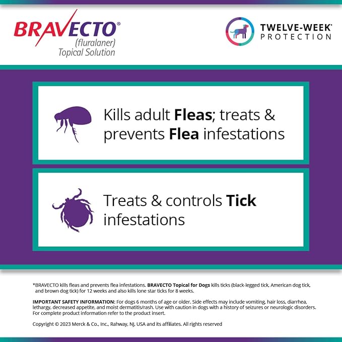 BRAVECTO Topical Solution for Dogs, Flea & Tick, 12 Week Supply, >88-123 lbs., Pink Box