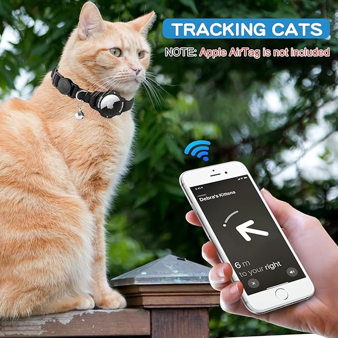 Luminous AirTag Cat Collar Breakaway, OUCWLTAG GPS Cat Collar with Apple Air Tag Holder, Cat Tracker Collars with Safety Elastic Band for Girl Boy Cats, Kittens and Puppies (Black, 7-10 Inch)