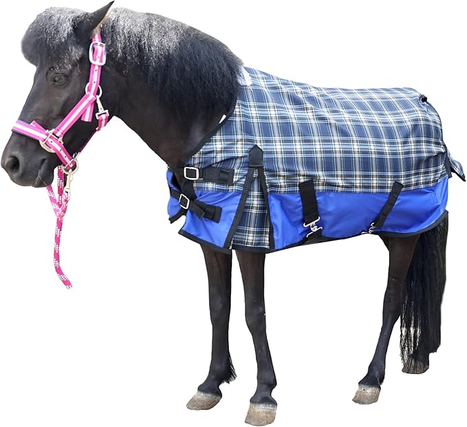 600 Denier Ripstop Mini Horse Blanket - 0g Fill Lightweight, Waterproof Breathable Miniature Pony/Donkey Turnout Rain Sheet Blueplaid 42