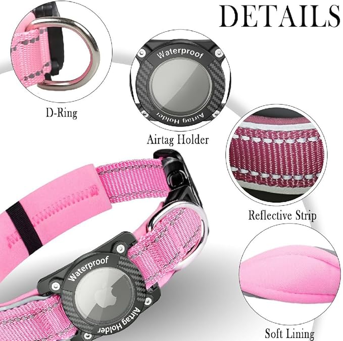 Upgraded AirTag Dog Collar, IP68 Waterproof Dog Collar with Apple Air Tag Holder, Reflective Adjustable Heavy Duty Dog Collars with Soft Padded for Small, Medium and Large Dogs,Pink, M