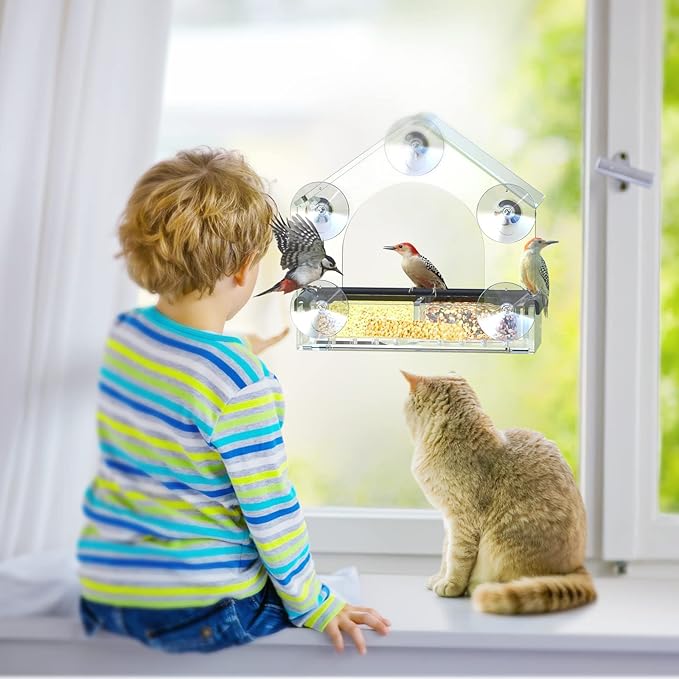 Clear Window Bird Feeder with 5 Extra Strong Suction Cups, DY-SKTY Sturdy and Durable Acrylic Birdfeeders for Viewing Wild Birds Outside, as a Bird Watching Gift, Outdoor Birdhouse Box, Garden Decor