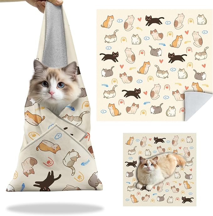 27.6"Cat Grooming Wrap, Self Adhesive Cat Wrap for Cutting Nails, Anti-Escape Calming Cat Swaddle Wrap for Medicine Ear Cleaning, Anti-Scratch Cats Burrito Restraint Blanket, Multifunctional Pet Tool