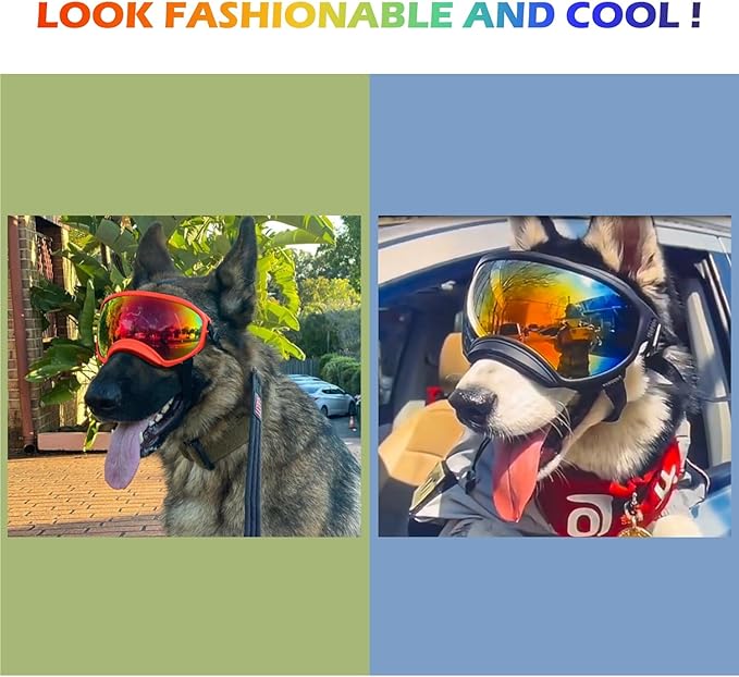 Large Dog Sunglasses with Adjustable Strap UV Protection, Winproof Dog Puppy Sunglasses, Suitable for Medium-Large Dog Pet Glasses, Dogs Eyes Protection，Soft Dog Goggles