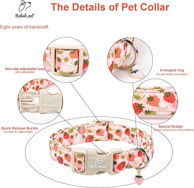 Strawberry Dog Collar for Large Dogs - Cute Spring Pink Dog Collars, Summer Pastel Puppy Collars, Soft Adjustable Boy Girl Dogs Collar with Quick-Release Buckle XL