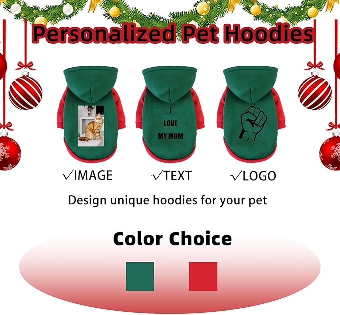 Custom Dog Hoodie, Personalized Sweatshirt with Photo Text Name Logo, Customized Hooded Sweater for Small Medium Large Dogs & Cats (Green + Red Border, X-Large)