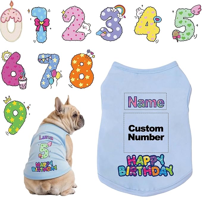 Custom Dog Birthday Shirt,Personalized Pet Apparel Print with Name Age Number,Pet Birthday Outfit,Lightweight Breathable Cotton Vest for Small Medium Large Dogs Cat (Blue, Medium)