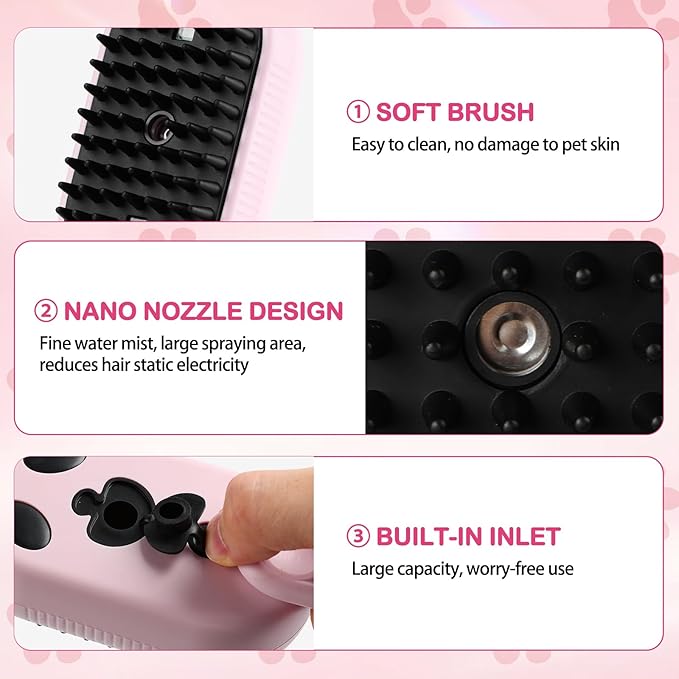 Pet Steam Brush for Dog & Cat,3-in-1 Spray Hair Removal Comb,Pet Steam Groomer Comb,Water Brush for Long & Short Haired Pets,Massage, Cleaning, Multifunctional Hair Removal Comb for Cats Dogs (Pink)