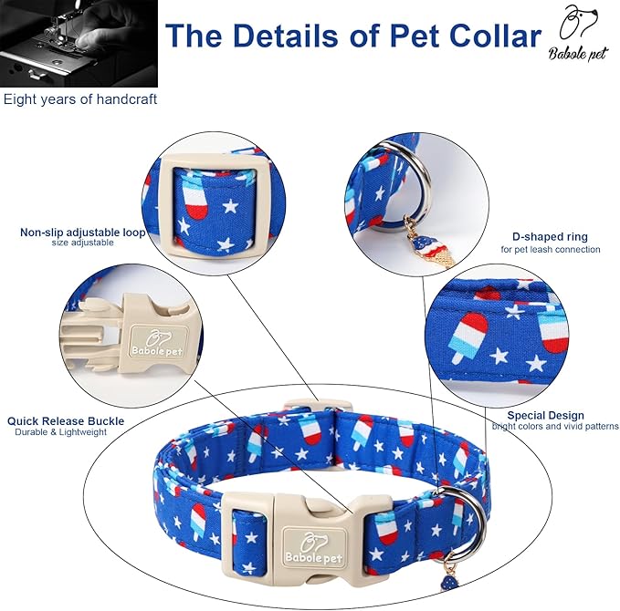 4th of July Dog Collar, Summer Popsicle Patriotic Dog Collars for Giant Large Dogs, Adjustable Lightweight Quick-Release Buckle Collar for Boy&Girl Dogs XL