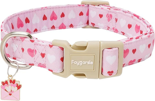 Faygarsle Valentine's Day Dog Collar, Pink with Red and White Hearts Pattern, Adjustable with Quick-Release Buckle and Heart Charm L