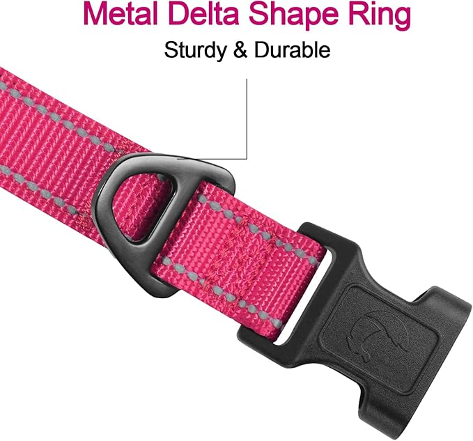 Joytale Reflective Dog Collar, Soft Neoprene Padded, Metal D-Ring, Nylon Pet Collar Adjustable for Large Dogs, Hotpink, L