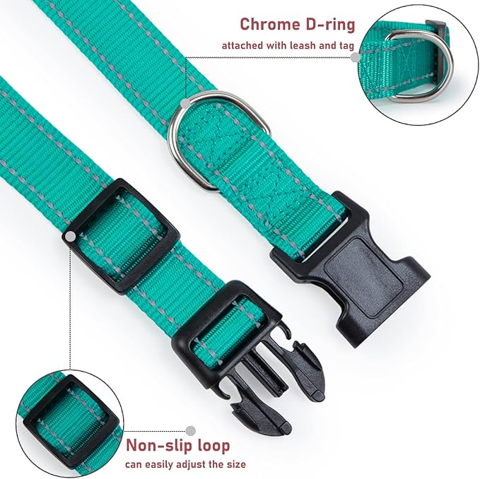 Reflective Dog Collar with Buckle Adjustable Safety Nylon Collars for Small Medium Large Dogs, Green L