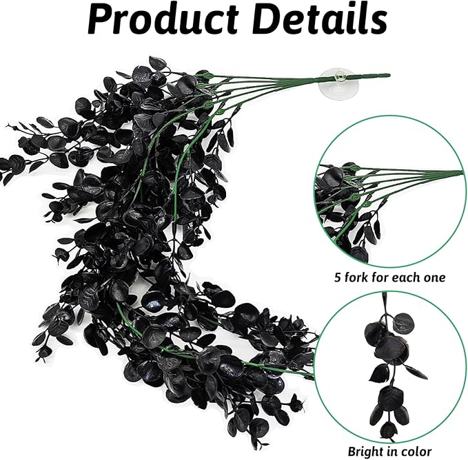 Hamiledyi 4 PCS Reptile Plants, Hanging Terrarium Plants, Artificial Leaves Habitat Decorations with Suction Cup, Fake Amphibian Plants for Bearded Dragon Lizard Hermit Crab Geckos Chameleon(Black)