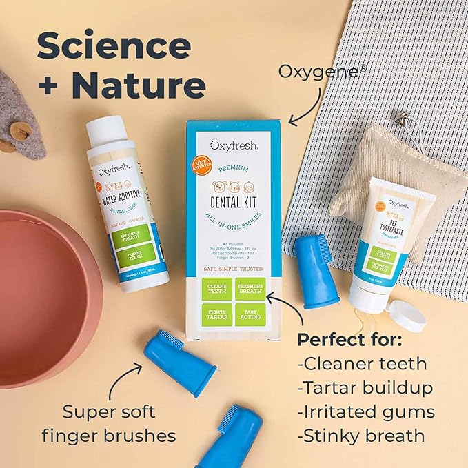 Oxyfresh Premium Pet Dental Kit for Dogs & Cats – Easy Solution for Dog and Cat Fresh Breath, Clean Teeth, Control Plaque & Tartar – Vet Formulated Pet Toothpaste 4oz + Water Additive 16oz Kit