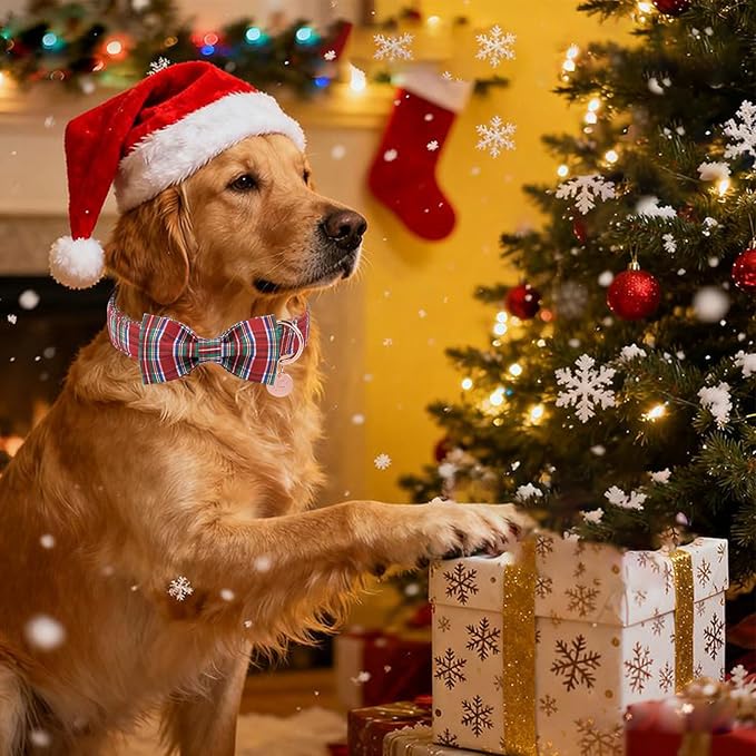 Christmas Plaid Dog Collar with Bow, Red and Blue Check Adjustable Pet Collar with Quick Release, Christmas Stripes Bowtie Collar for Small Medium Large Dogs L