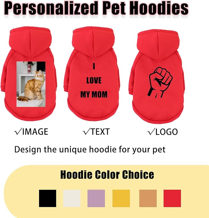 Custom Dog Hoodie, Personalized Sweatshirt with Photo Text Name Logo, Customized Hooded Sweater for Small Medium Large Dogs & Cats (Red, XX-Large)
