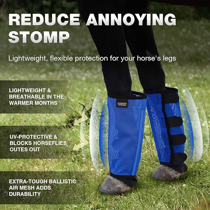 Harrison Howard Loose-Fitting Horse Fly Leggings Breathable, Tear-Resistant Fine Mesh Leg Guards Stay-on Comfortable Fly Boots (Set of 4) Blue Yearling