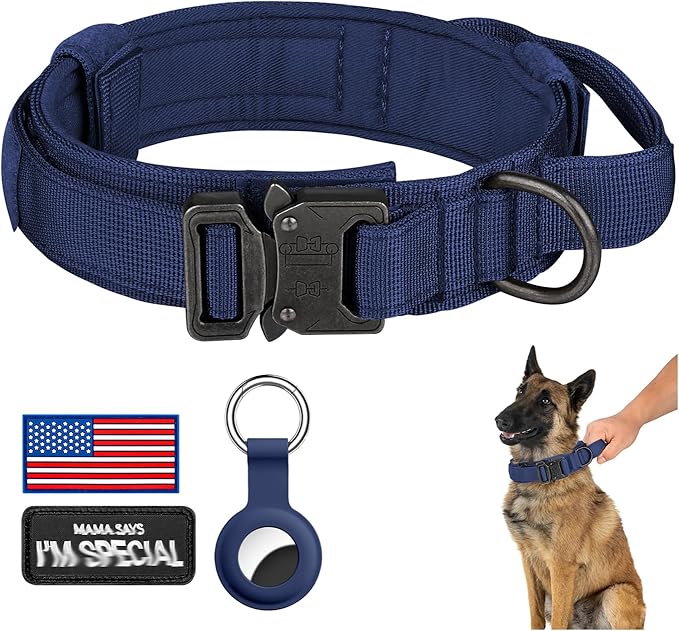 DAGANXI Tactical Dog Collar, Adjustable Military Training Nylon Dog Collar with Control Handle and Heavy Metal Buckle for Medium and Large Dogs, with Patches and Airtags Case (Midnight Blue, L)