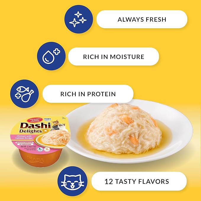 INABA Dashi Delights for Cats, 2.5 Ounce Cup, 6 Cups Total, Chicken with Cheese Recipe