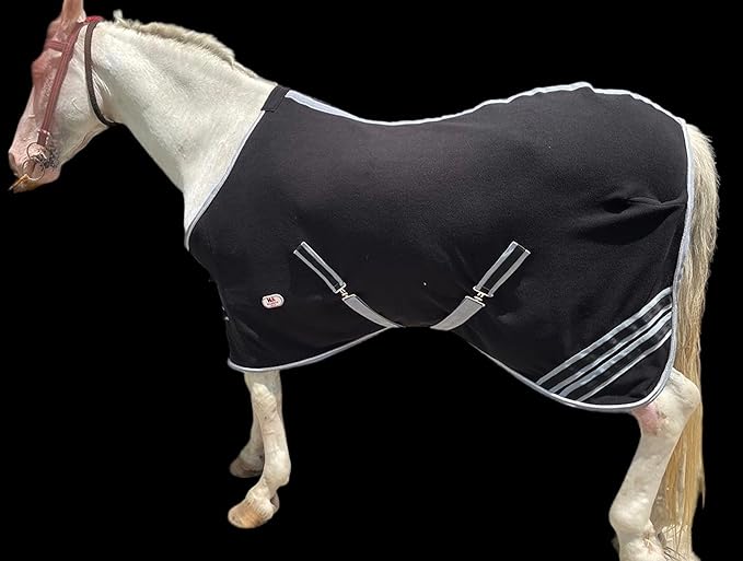 Majestic Ally Anti Pill Fleece Horse Blanket/Sheet with Silver Braided Rope (Black, 76)