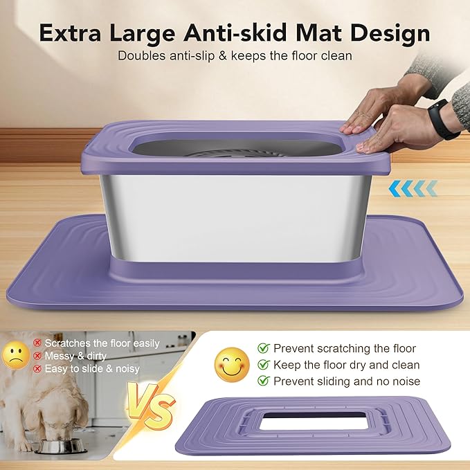 Decflow 10L Stainless Steel Dog Water Bowl, No Spill Anti-Splash Dog Bowls with XXL Silicone Mat, Spill-Proof Slow Feeder for Messy Drinkers, Heavy Duty Pet Bowls for Indoor/Outdoor Use Purple