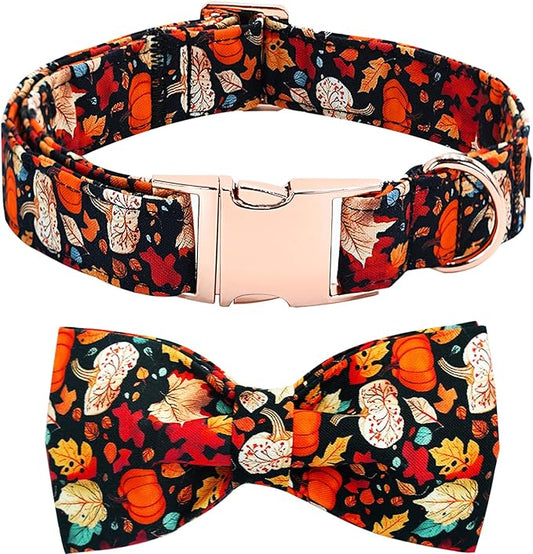 Fall Dog Collar, Leaf Pumpkin Print Adjustable Pet Collar Cute Cotton Soft Collars with Bow Tie Metal Buckle Holiday Puppy Collars Boy&Girl Gift for Large Dogs