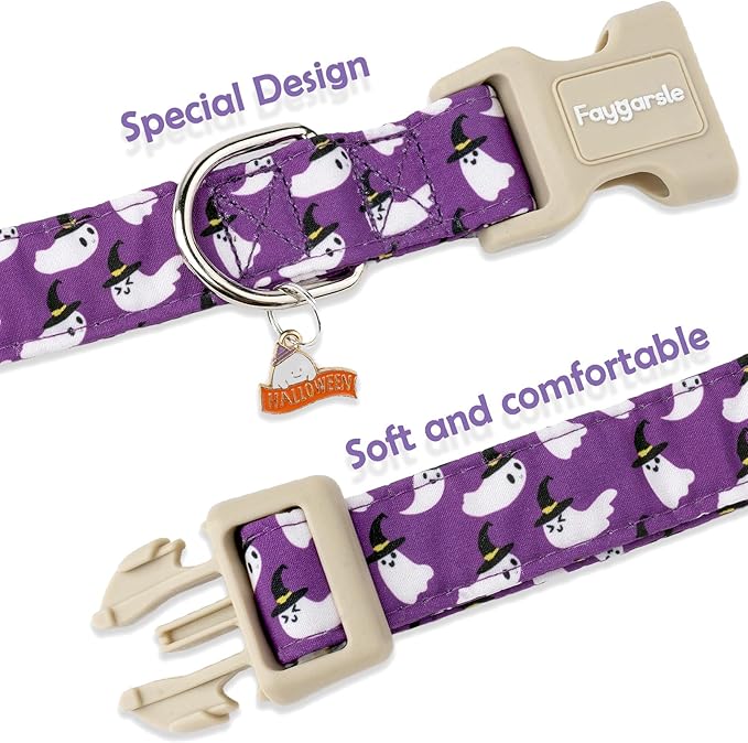 Faygarsle Halloween Dog Collar with Charm, Purple with Ghost Pattern, Adjustable Pet Collar for Small Medium Large Dogs XS