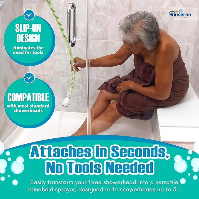 NEW Rinseroo: 5ft Slip-On Handheld Shower Attachment Hose w/Spray Head- Removable Extension Arm- Converts Fixed Shower Head into Handheld Bather. Portable, No-Install Shower Hose Wand for Seniors, RV.