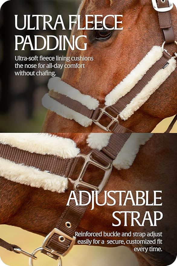 Equinavia Valkyrie Ultra Fleece Breakaway Horse Halter | Padded Fleece Adjustable Safety Halter with Nylon Webbing - Brown/Ivory White - Horse