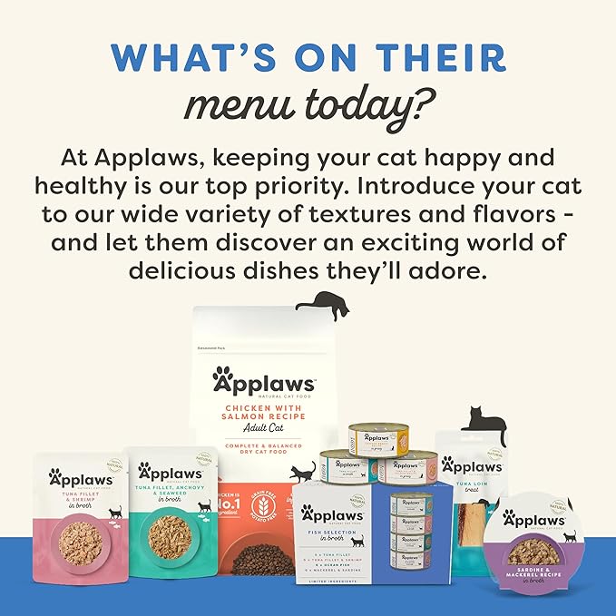 Applaws Natural Wet Cat Food in Broth, Limited Ingredient Wet Cat Food Pouches, No Additives, Made with Natural Ingredients, Tuna Fillet with Salmon in Broth (12 x 5.3oz Pouches)