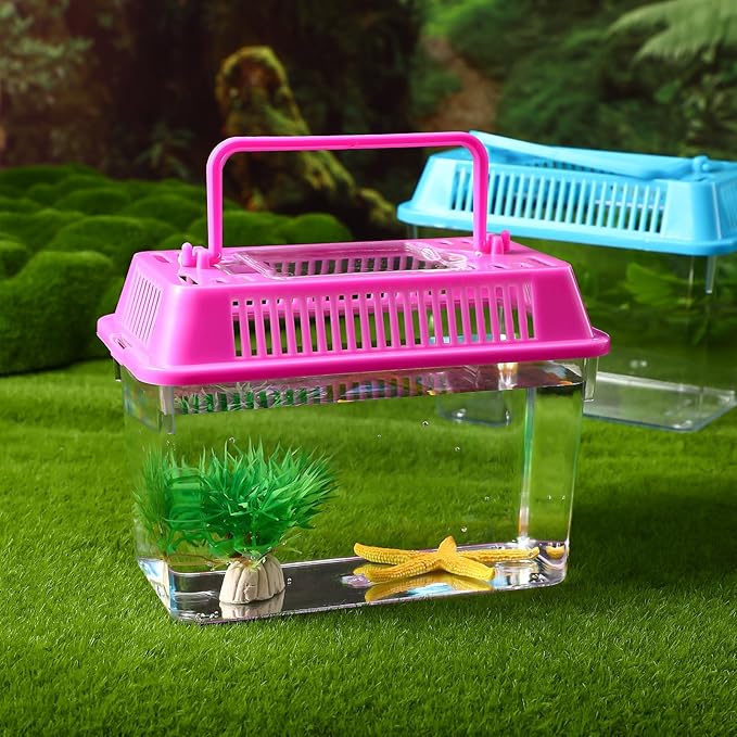 4pcs Mini Portable Fish Tank Plastic Turtle Fish Tank Transparent Pet Breeding Cage Acrylic Reptile Cage Reptiles Feeding Box Hamster Turtle Cage for Small Pets