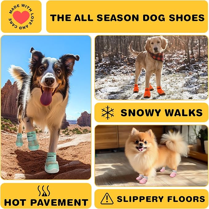 Hcpet Dog Shoes for Large Dogs, Breathable Dog Booties for Small Medium Dogs, Anti-Slip Dog Boots & Paw Protectors for Hot Pavement Winter Snow Hiking with Reflective Straps Orange Size 7