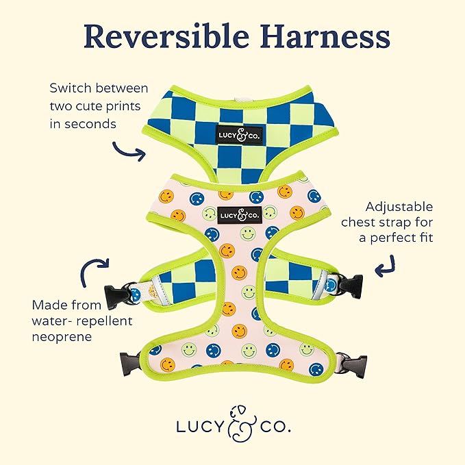 Lucy & Co. Lime Green with Blue Checker Smiley Faces, Cute Reversible Dog Harness Walking Halter - Best Designer Pet Harnesses for XS - XL Dogs - Padded Adjustable Vest for Easy Walking (Large)