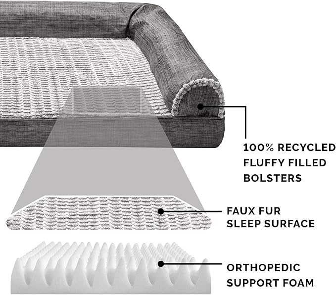 Furhaven Orthopedic Dog Bed for Large Dogs w/ Removable Bolsters & Washable Cover, For Dogs Up to 95 lbs - Luxe Faux Fur & Performance Linen Sofa - Charcoal, Jumbo/XL