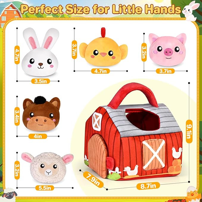 Baby Toys 0-12 Months, Plush Toy Set- 4 Sensory Soft Toys with Crinkle, Rattles for 0-3-6-9-12 Month Newborn Infant, 1st Birthday for Babies Boys Girls Age 1+ (Barn with Farm Animals)