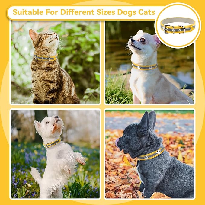 PETCARE Reflective Dog Collar with Cute Paw Rivet Studded Funny Soft PU Leather Adjustable Puppy Dog Collars for Small Medium Large Dogs Cats (Yellow,Large)
