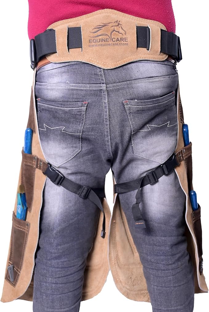 Equine Care Farrier Apron Chaps – Cowhide Suede Leather, Foam Padded Thigh and Back Support, Adjustable Waist, Tool Pockets, Magnetic Nail Holders (23 inches (59 cm))