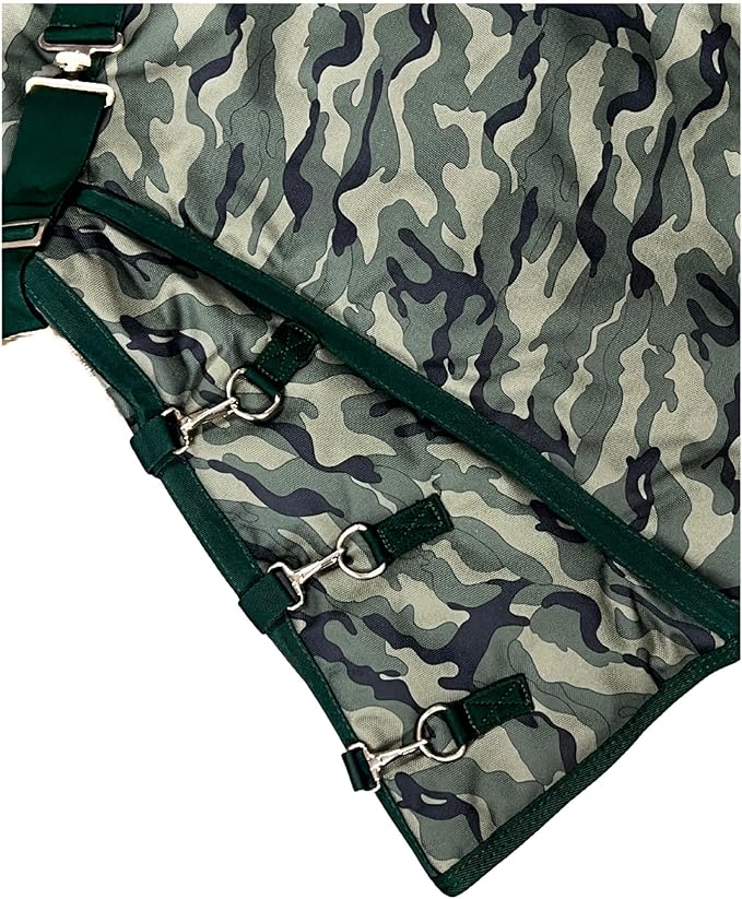 AJ Tack 1200D Waterproof Winter Horse Blanket with Hood - 400g Heavyweight Turnout with Fleece Collar, Shoulder Gussets & Tail Flap - Camouflage 84"
