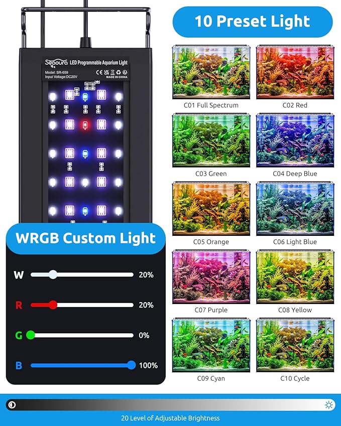 SEAOURA Aquarium Plant Growth Light, 30-36in Full Spectrum LED Fish Lights with Temperature Monitor, 24/7 Programmable with Power Off Memory, WRGB Custom, 20 Dimmable for Freshwater Aquariums