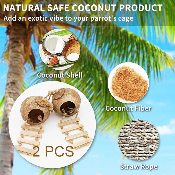 Tfwadmx 4 Pcs Coconut Hide with Ladder, Natural Coconut Fiber Hanging Birdhouse Cage, Coconut Bird Shell Breeding Nest for Parrot Parakeet Lovebird Finch Canary