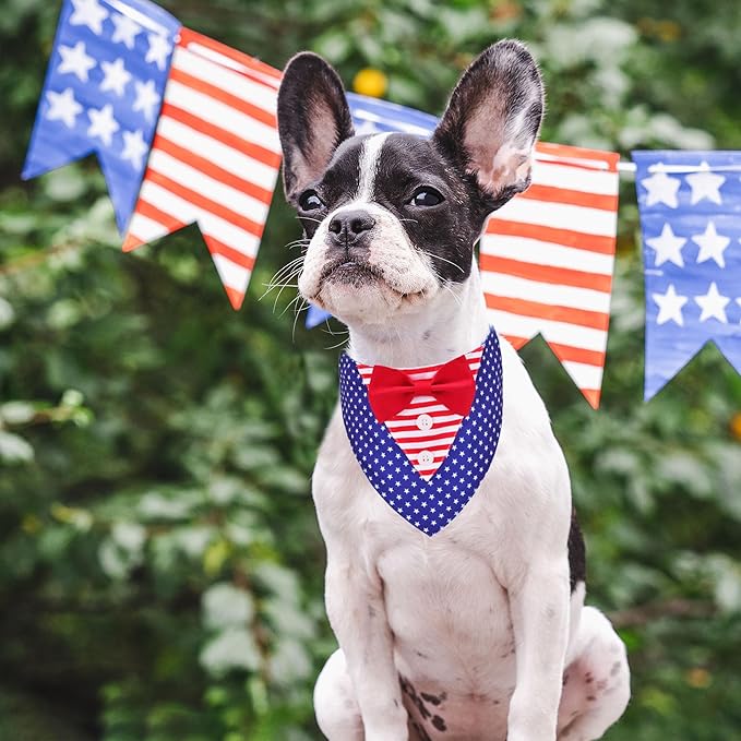 ADOGGYGO American Flag Dog Tuxedo Bandana, Red Blue Pet Tux with Bowtie Adjustable 4th of Julty Bandana Costume for Medium Dogs Pets (M)