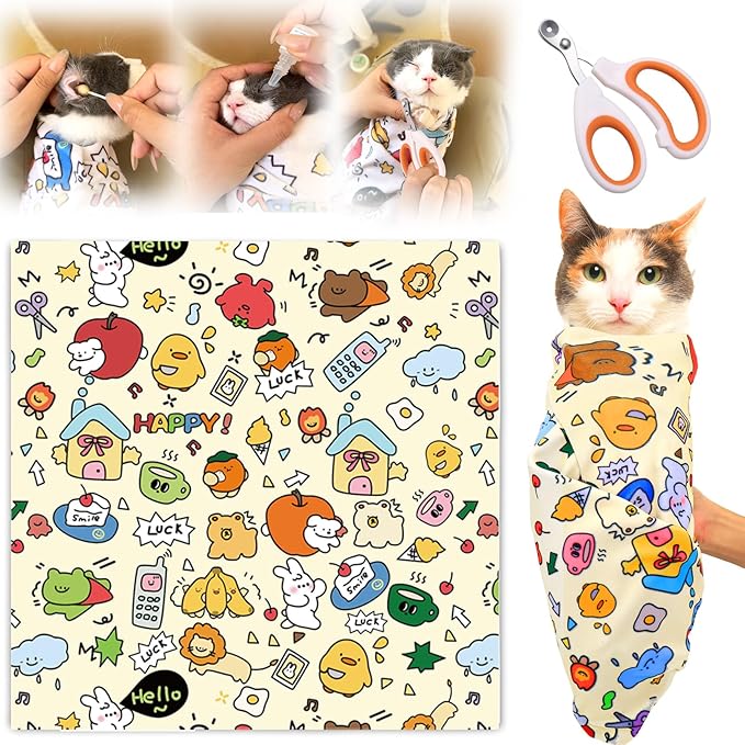 XANGNIER Cat Grooming Wrap with Cat Nail Clippers -Self-Adhesive Cat Swaddle for Nail Clipping, Anti-Scratch & Anti-Escape Cat Restraint for Calm, Safe & Easy Nail Trimming
