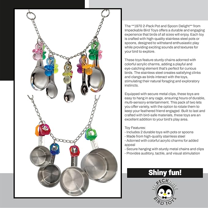 1970 Pk2 Pot and Spoon Delight Features Shiny pots and Spoons with Acrylic Rings and Pacifiers, Handcrafted for African Greys Amazons Macaws