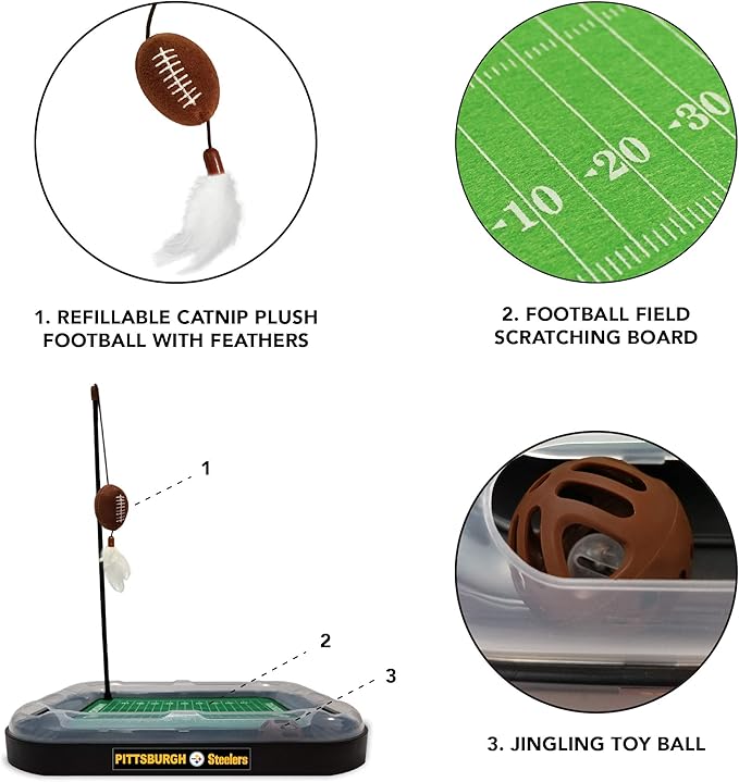 Pets First BEST CAT TOY Pittsburgh Steelers Football Field CAT Scratcher Toy with Catnip Filled Plush Football Toy&Feather Cat Toy Hanging, Jingle Bell Interactive Ball Cat Chasing 5-in-1 Kitty Toy