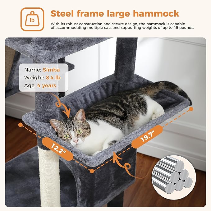 PAWZ Road 70 Inch Cat Tower, Tall Cat Tree with 2 Cozy Condos, 2 Plush Perch, Large Basket, 2 Scraching Pad & 6 Scraching Posts for Indoor Cats Large Adult, Dark Gray