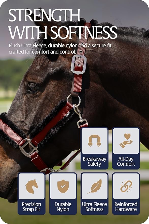 Equinavia Valkyrie Ultra Fleece Breakaway Horse Halter | Padded Fleece Adjustable Safety Halter with Nylon Webbing - Wine Red/Black - Horse