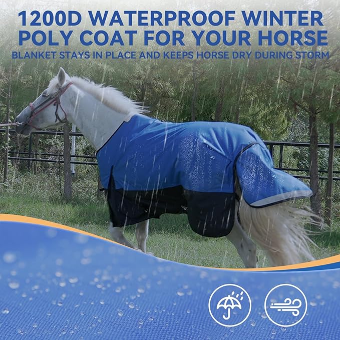 75” Winter Horse Blanket, 1200D Waterproof Poly Horse Turnout Blanket, Tear-Resistant Thick Horse Blanket with Snuggit 220g Filling, Breathable Warmth Turnout Blankets for Horse