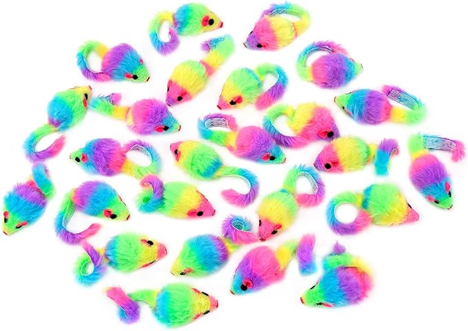 CHIWAVA 36PCS 1.8" Rainbow Color Furry Cat Toy Mice with Rattle Kitten Mouse Interactive Play