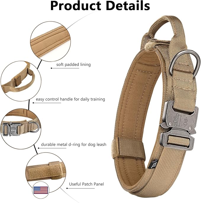 DAGANXI Tactical Dog Collar, Adjustable Military Training Nylon Dog Collar with Control Handle and Heavy Metal Buckle for Medium and Large Dogs, with Patches and Airtags Case (XL, Brown)
