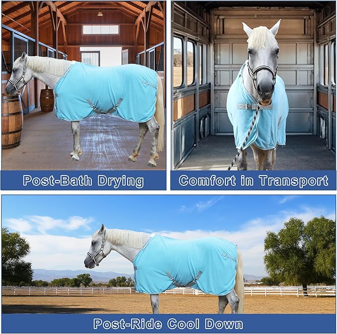 Horse Fleece Cooler, Blanket Liner - 300g Anti-Pilling Fleece, Moisture-Wicking, Cooling & Drying for Post-Workout, Bath & Travel, Prevent Overheating & Chilling Lightblue 75
