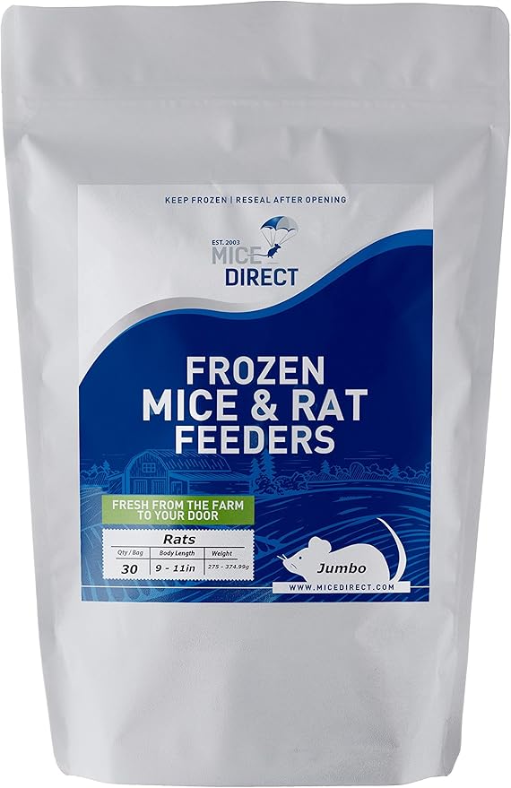 MiceDirect EST. 2003 30 Premium Frozen Rat Jumbo Feeders Snake Food for Juvenile Ball Pythons Monitors Lizards (9-11 in)(8250 Grams Min)
